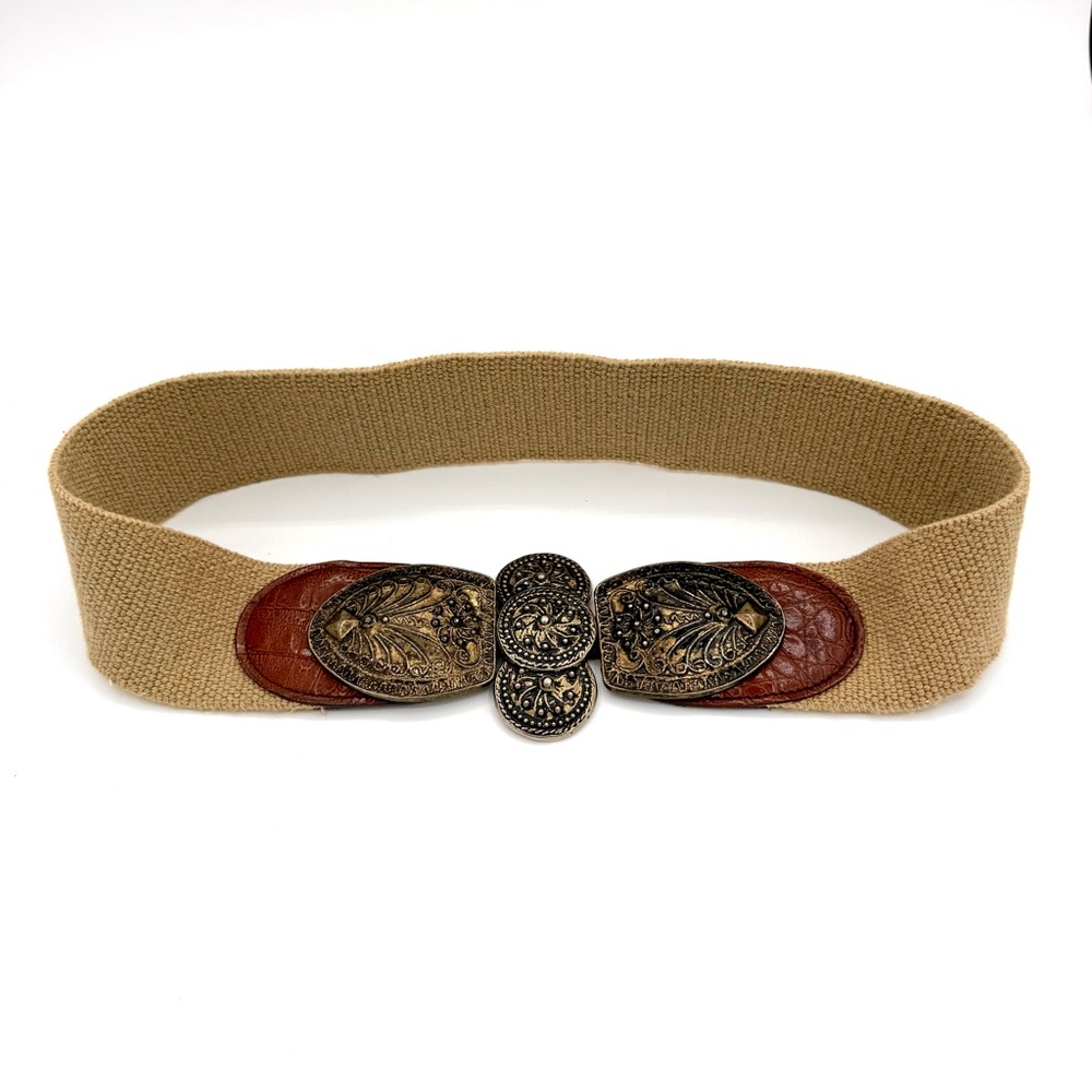 Southwestern Elastic Tan Canvas Belt With Ornate Leather & Metal Buckle
